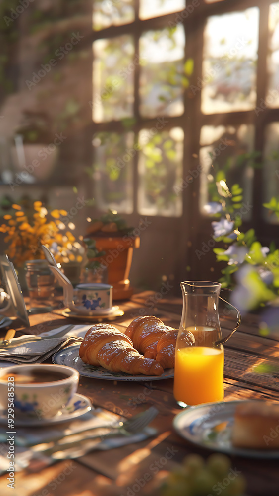 Breakfast Table with Fresh Food and Warm Light by Window Breakfast Table with Fresh Food and Warm Light by Window