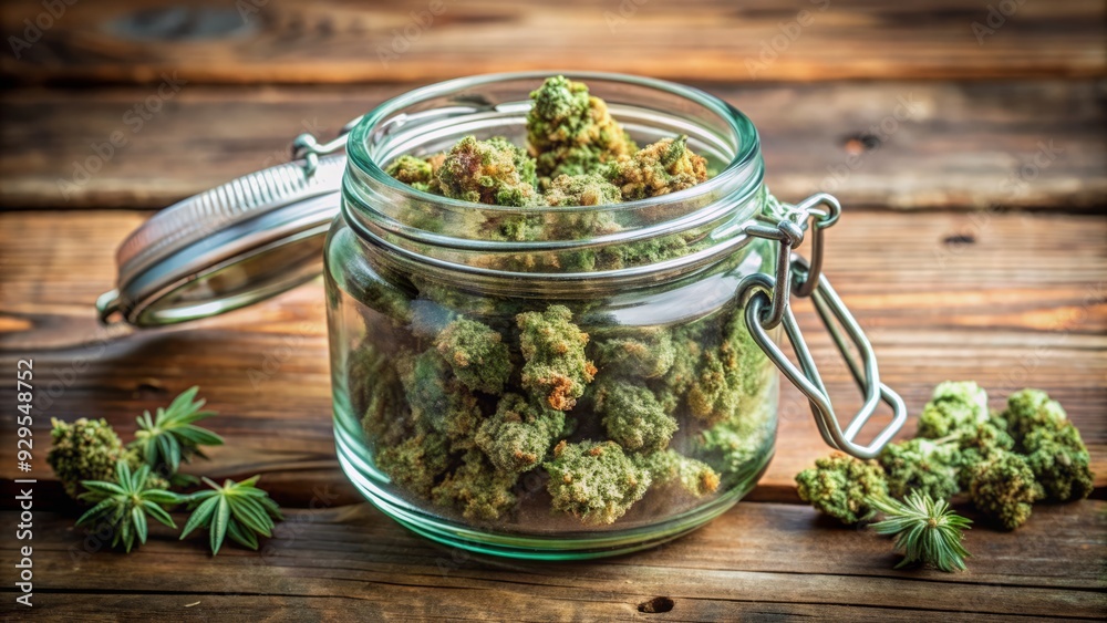 A glass jar overflowing with lush green marijuana buds sits on a wooden table, with a small label featuring abbreviations, evoking a sense of medical cannabis treatment. A glass jar overflowing with lush green marijuana buds sits on a wooden table, with a small label featuring abbreviations, evoking a sense of medical cannabis treatment.