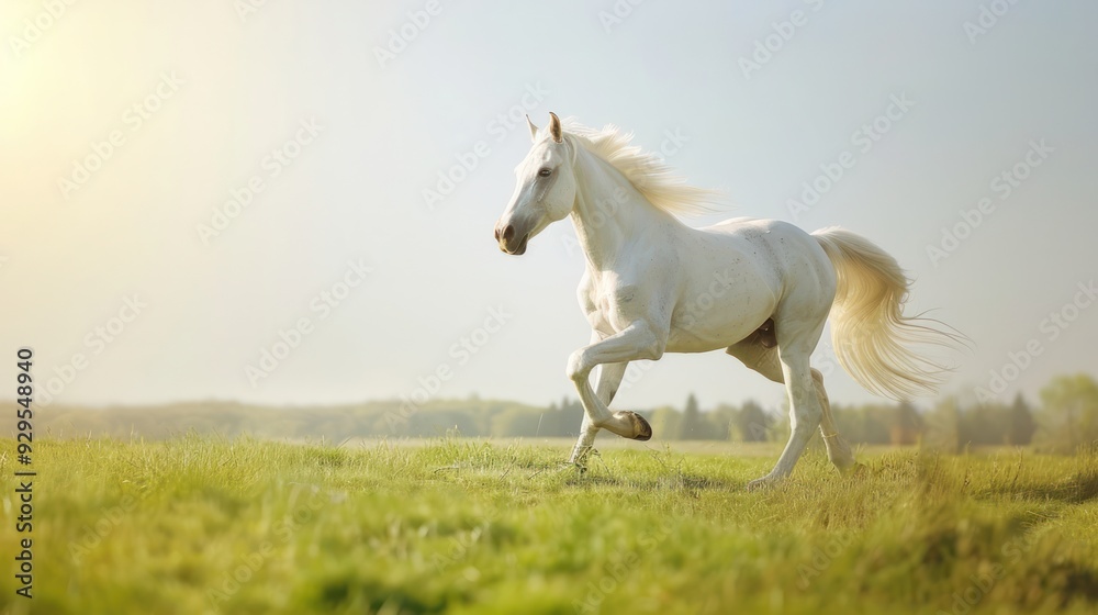 Obraz premium White Horse Running in a Meadow