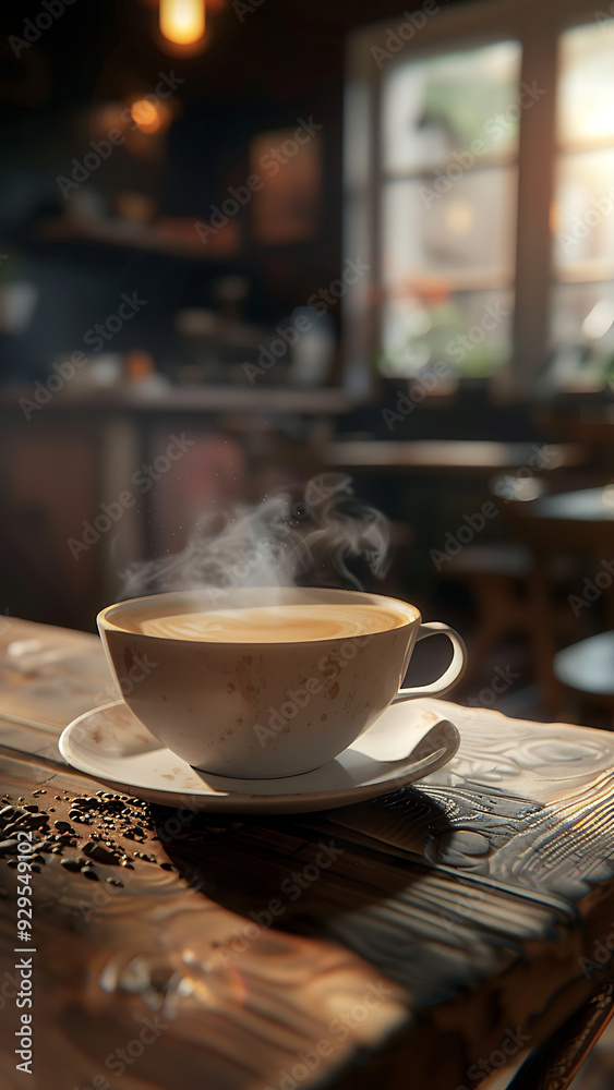 Steaming Cup of Coffee in Cozy Cafe Steaming Cup of Coffee in Cozy Cafe