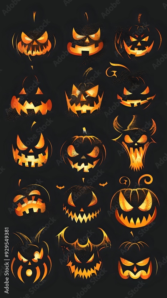 A collection of glowing jack-o'-lantern faces, perfect for Halloween decorations and spooky designs