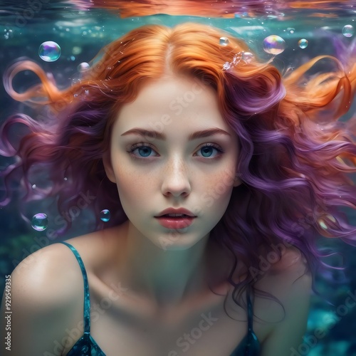 Underwater Beauty with Colorful Hair.