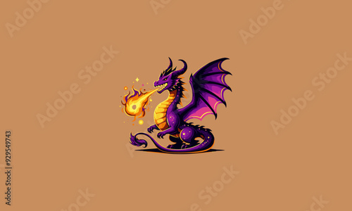 cartoon purple dragon spitting fire vector flat design