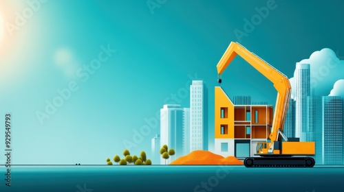 Minimalistic illustration of modern buildings under construction in a cityscape during daytime, highlighting urban development and architectural progress.
