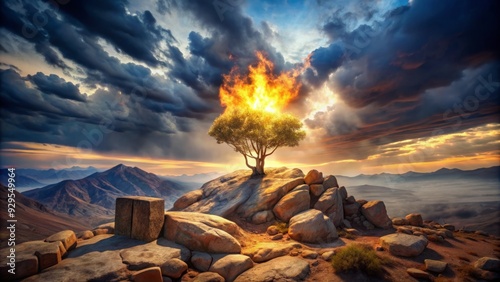 Dramatic clouds surround a blazing bush atop Mount Sinai, illuminated by divine light, with two stone tablets lying on a rocky outcropping amidst a desert landscape.