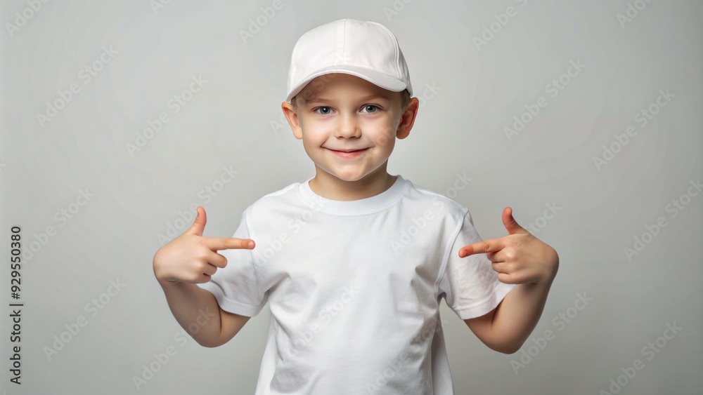 Cute boy in white t-shirt and cap. Kids t-shirt mockup. Cute boy in white t-shirt and cap. Kids t-shirt mockup.