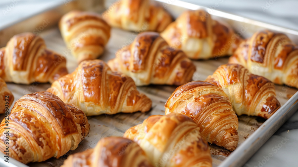Freshly baked croissants on a parchment-lined baking tray Freshly baked croissants on a parchment-lined baking tray