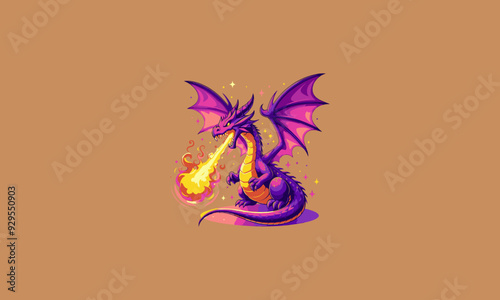 cartoon purple dragon spitting fire vector flat design
