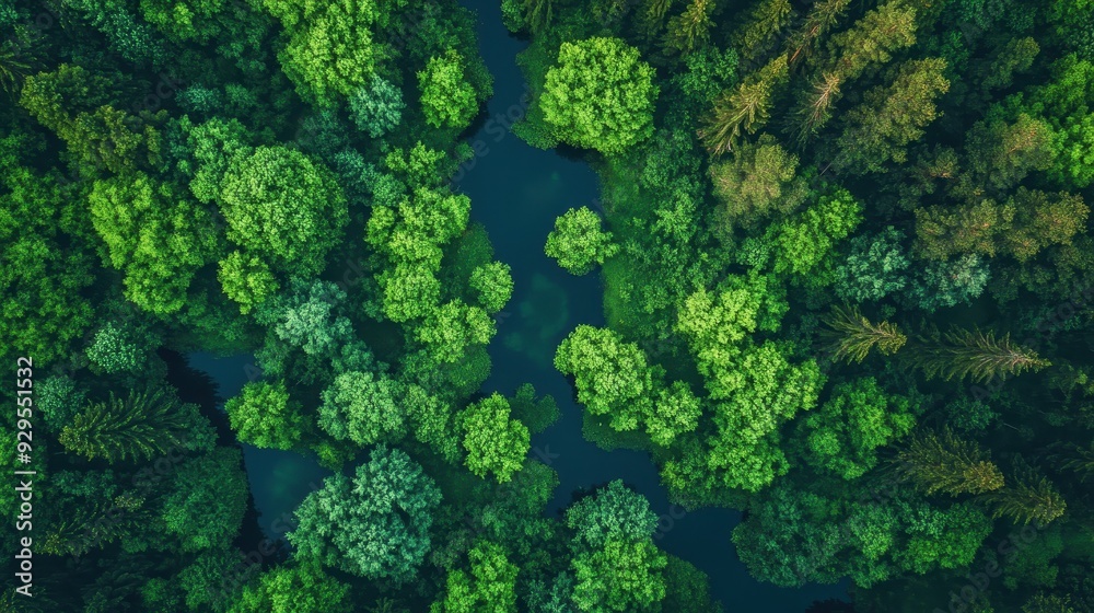 Aerial view of a lush green forest with a winding river. Aerial view of a lush green forest with a winding river.