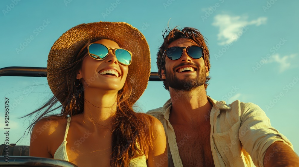 Young couple on a off road adventure excursion outside. Joyful tourists enjoying weekend activity on summer vacation Young couple on a off road adventure excursion outside. Joyful tourists enjoying weekend activity on summer vacation