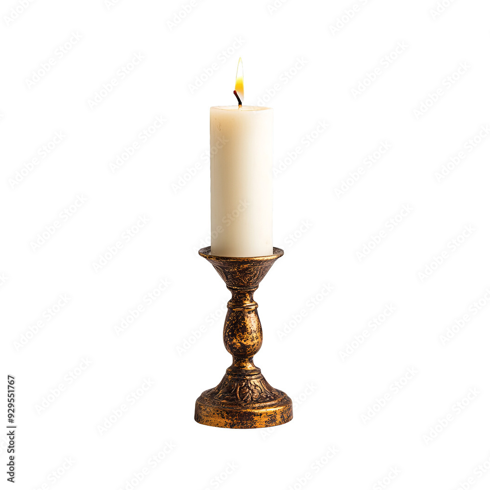 Burning Candle on Ornate Candlestick Burning Candle on Ornate Candlestick