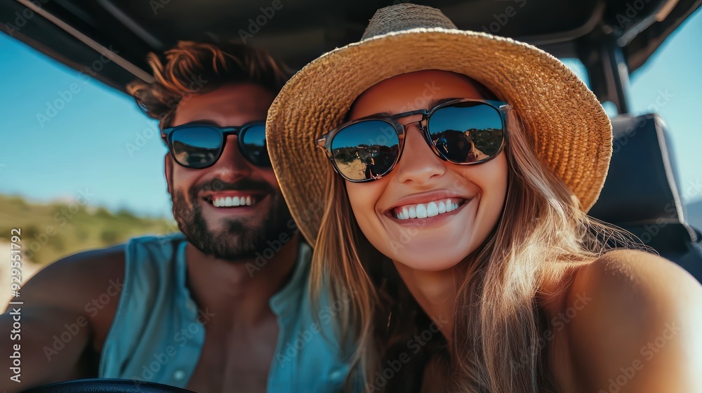 Young couple on a off road adventure excursion outside. Joyful tourists enjoying weekend activity on summer vacation Young couple on a off road adventure excursion outside. Joyful tourists enjoying weekend activity on summer vacation