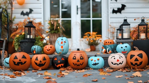 A row of carved pumpkins on a porch steps for Halloween