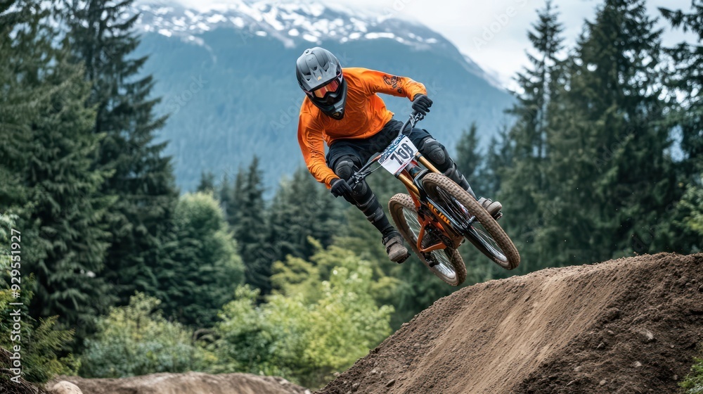 Young man on a mountain bike performing a dirt jump Young man on a mountain bike performing a dirt jump