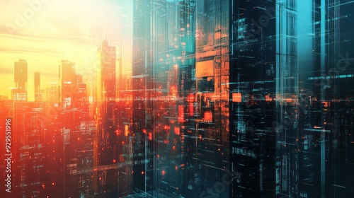 Wallpaper Mural Futuristic Cityscape with Digital Overlays Torontodigital.ca