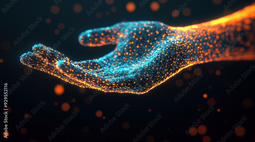 Illustration of human hand composed of glowing digital elements and lights on a dark background. Concept of technology and innovation