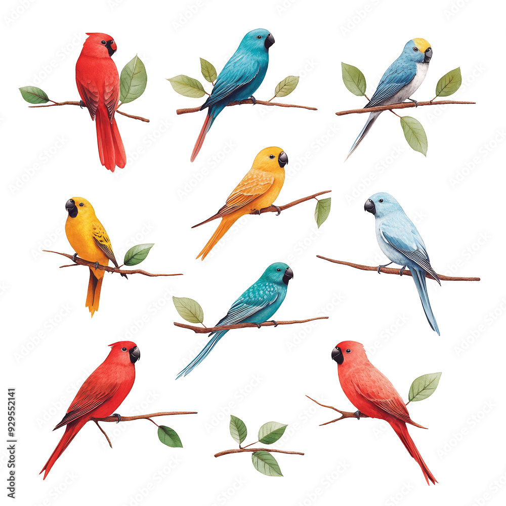 Naklejka premium Colorful Parrots Perched on Branches