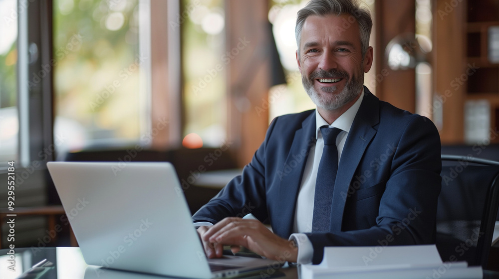 Smiling mature business executive using laptop in office professional corporate technology manager working at desk