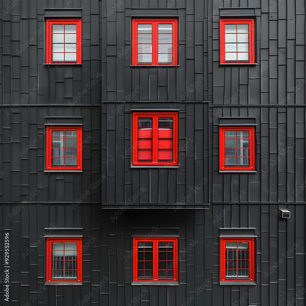 A wall of black siding with nine red windows creates a striking contrast. The simple pattern adds a modern touch. A wall of black siding with nine red windows creates a striking contrast. The simple pattern adds a modern touch.