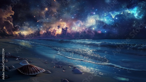 Summer time night at the beach cosmic sigh. Seashells sing to cosmic sighs, where galaxies spill across velvet skies. Moonlight dances on shore, awash in nebula s vibrant fire photo