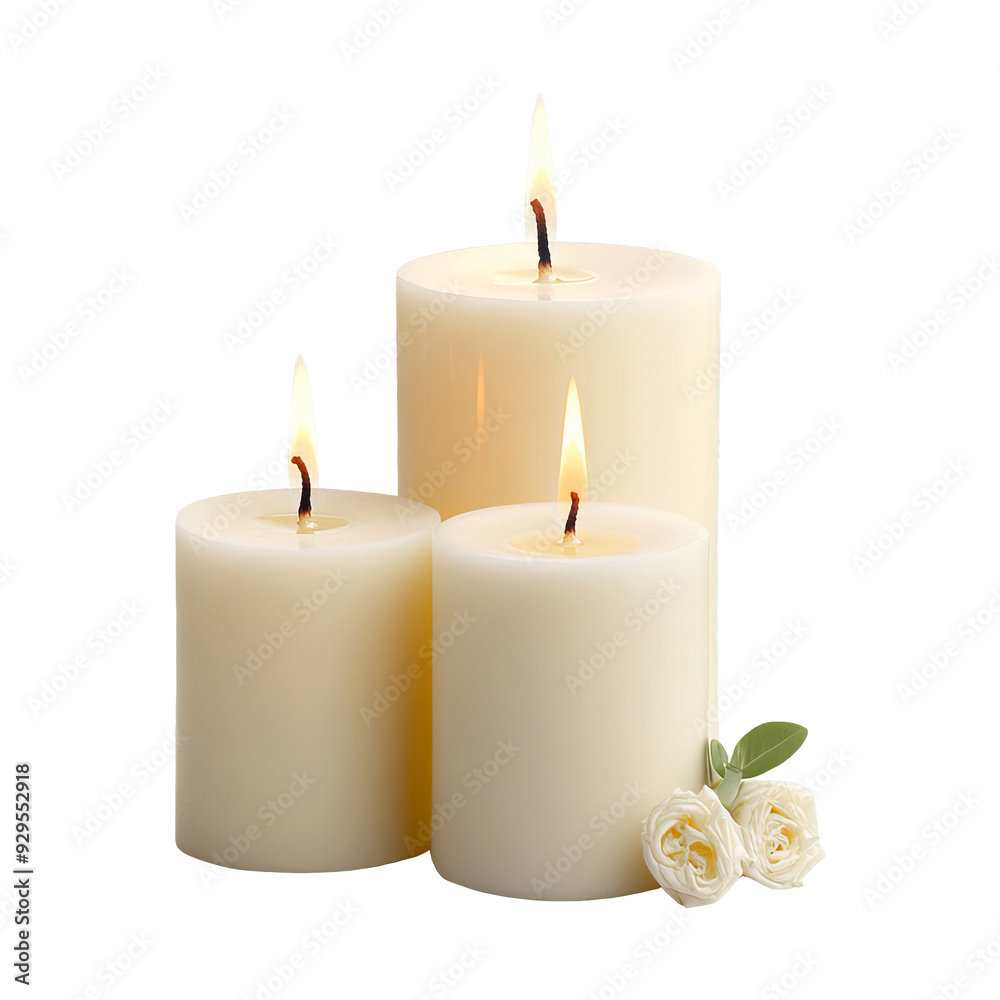 Three Burning Candles with White Roses Three Burning Candles with White Roses