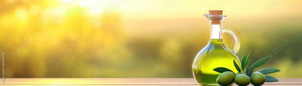Fresh and Organic Olive Oil Bottle with Olives and Leaves - 3D Illustration with Copy Space for Text Fresh and Organic Olive Oil Bottle with Olives and Leaves - 3D Illustration with Copy Space for Text
