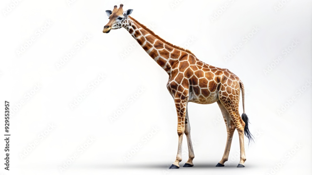 Fototapeta premium A lone giraffe with distinctive large brown spots outlined in white lines stands upright against a pure white background, showcasing its unique pattern and gentle gaze.