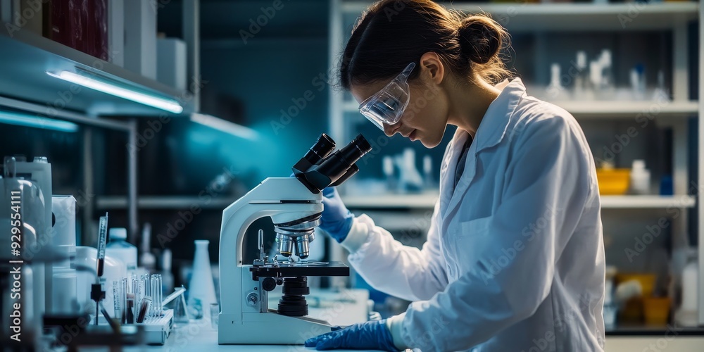 Researcher using a microscope in a medical research lab , closed-up Researcher using a microscope in a medical research lab , closed-up