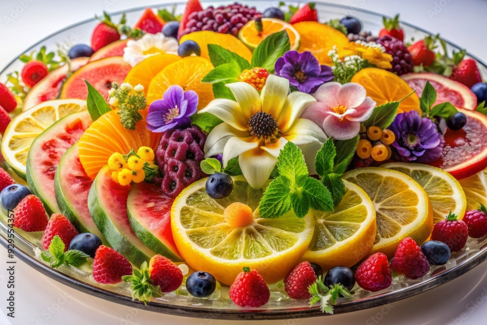 A colorful arrangement of intricately sliced and artfully arranged fruits, garnishes, and edible flowers showcases culinary mastery on a transparent background. A colorful arrangement of intricately sliced and artfully arranged fruits, garnishes, and edible flowers showcases culinary mastery on a transparent background.