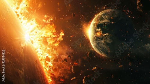 Abstract background of Earth and sun colliding