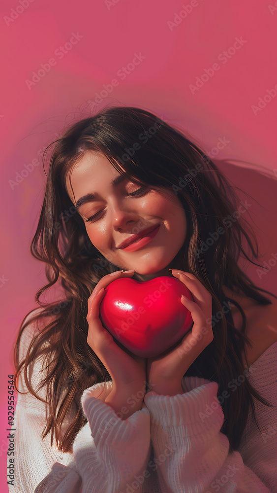 Woman smiling with a red heart symbol in hand Woman smiling with a red heart symbol in hand