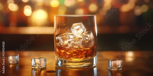 Ice cubes melting slowly in a tumbler of bourbon, intimate detail in a low-lit bar scene