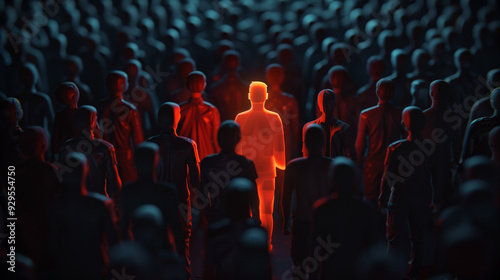 : Standout Glowing Man in Dark Background Concept 3D Render Depicting Leadership and Unique Individual