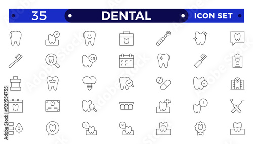 Dental icon collection. Related to tooth, dentist, toothpaste, toothbrush, teeth, implant and dentistry icons. Outline icon set.