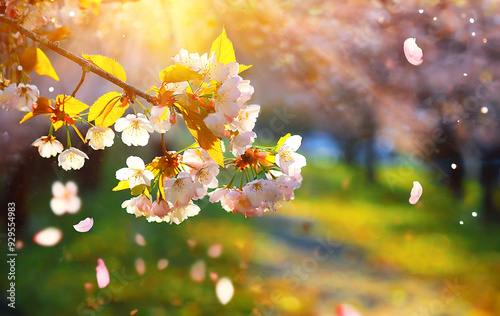 桜　桜並木　太陽　光　自然　春　背景　風景　写実的　花　花びら　背景画像　背景素材