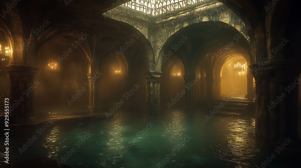 Ancient flooded arches with glowing lights in the darkness Ancient flooded arches with glowing lights in the darkness