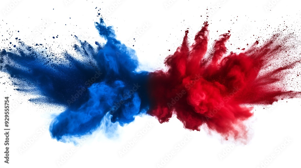 Red and blue powder explosions colliding in mid-air Red and blue powder explosions colliding in mid-air