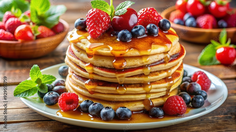 Fluffy golden-brown pancakes stacked high with fresh mixed berries and drizzled with sweet syrup, creating a mouthwatering breakfast or brunch culinary delight. Fluffy golden-brown pancakes stacked high with fresh mixed berries and drizzled with sweet syrup, creating a mouthwatering breakfast or brunch culinary delight.