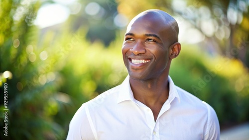 Smiling African American man in a crisp white shirt stands confidently outdoors with copyspace, exuding optimism and positivity on a sunny day.