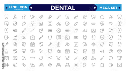 Dental icon collection. Related to tooth, dentist, toothpaste, toothbrush, teeth, implant, and dentistry icons.Editable stroke outline icon. 