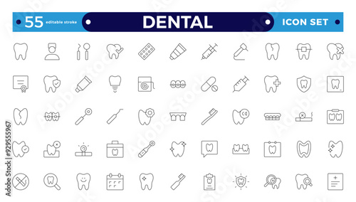 Dental icon collection. Related to tooth, dentist, toothpaste, toothbrush, teeth, implant, and dentistry icons.Editable stroke outline icon. 