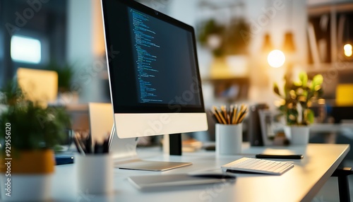 Wallpaper Mural Close-Up of Modern Workstation with Sleek Monitor and Blurred Office Background Torontodigital.ca