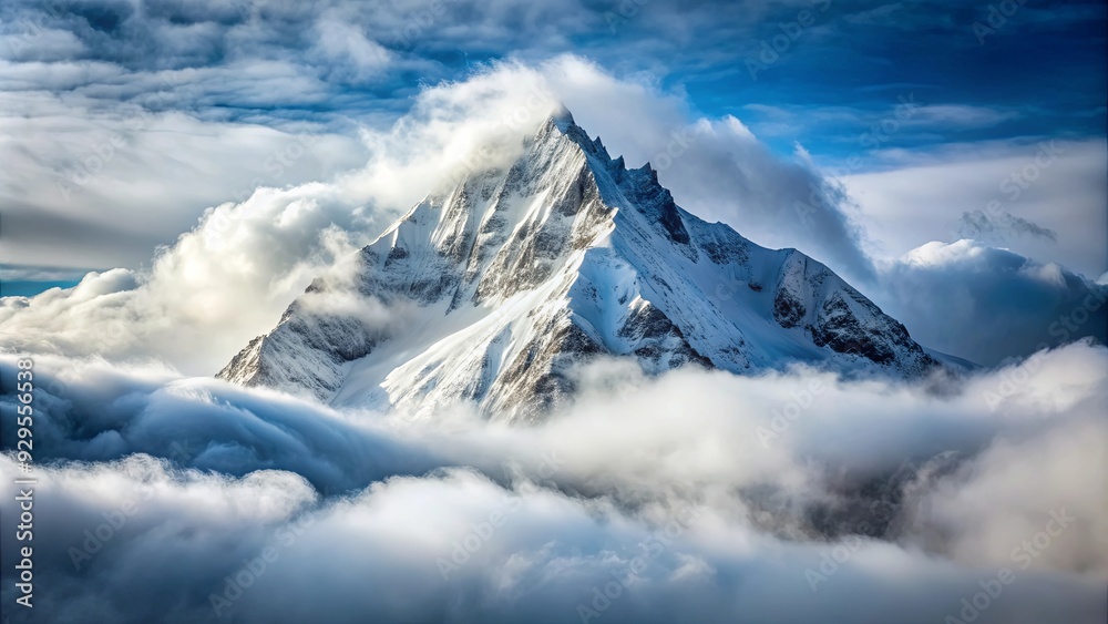 Obraz premium Snow-covered mountain summit surrounded by thick winter clouds