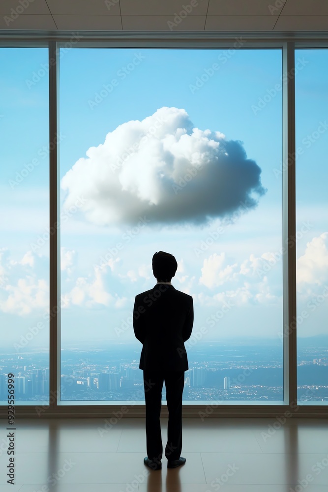 A businessman gazes thoughtfully out a large window, contemplating the clouds and city skyline in a moment of reflection.