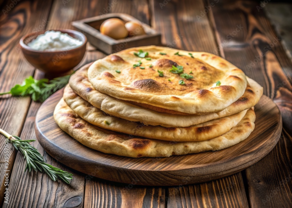 Freshly baked traditional Middle Eastern small flat bread, warm from extremely hot oven, made with wheat flour, yeast, salt, and water, served on rustic wooden board. Freshly baked traditional Middle Eastern small flat bread, warm from extremely hot oven, made with wheat flour, yeast, salt, and water, served on rustic wooden board.