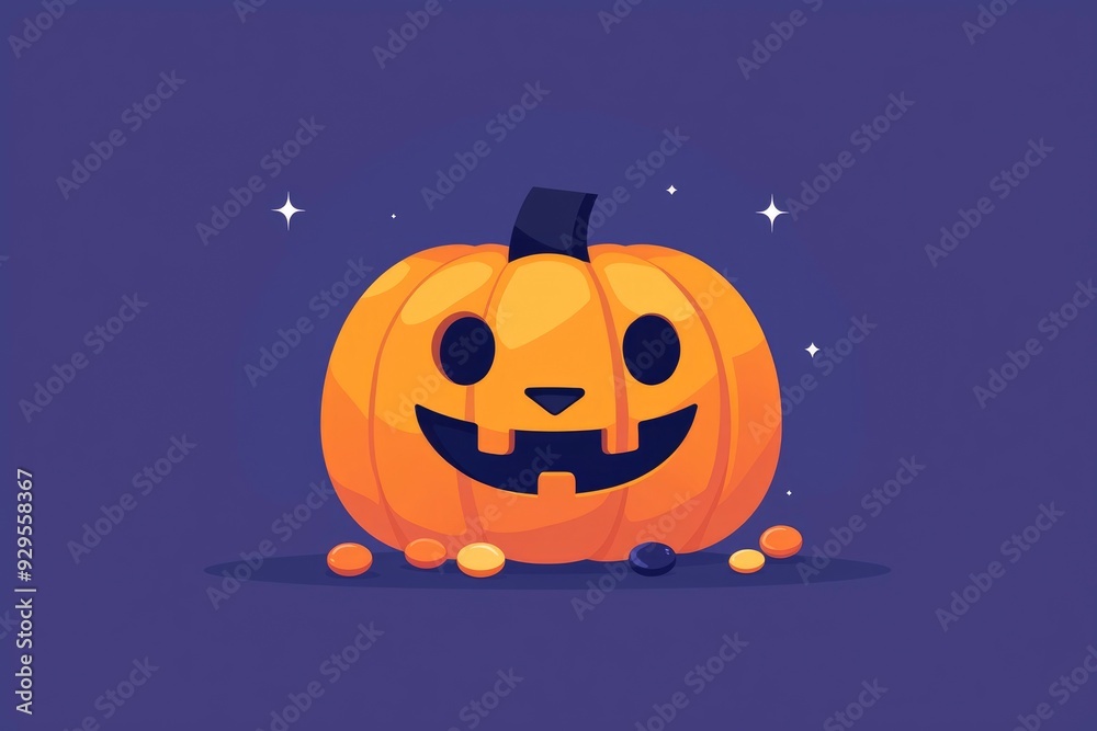 Fototapeta premium Smiling Jack-o'-Lantern with Candy on Purple Background