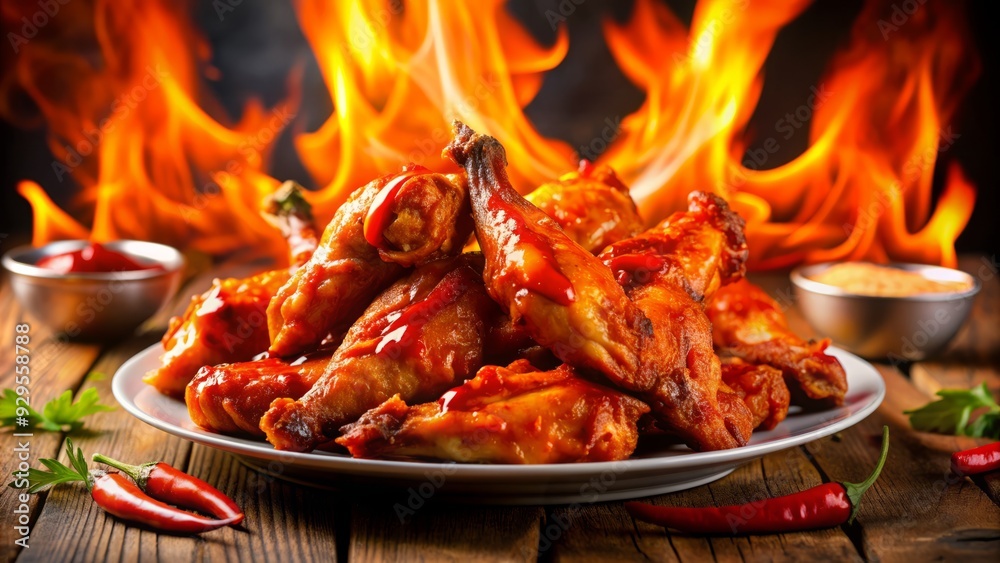 Spicy chicken wings smothered in fiery hot sauce sit ablaze on a dark background, flames engulfing the plate in a blaze of savory, spicy temptation. Spicy chicken wings smothered in fiery hot sauce sit ablaze on a dark background, flames engulfing the plate in a blaze of savory, spicy temptation.