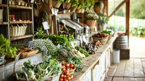 Details and products on shelves in the English counryside farm shop, small business, country style design