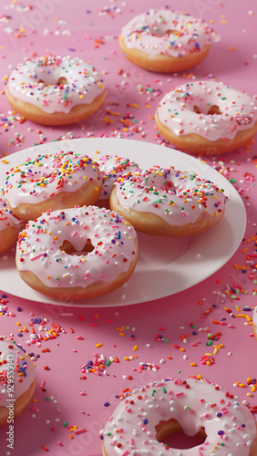 Pink Donuts with Colorful Sprinkles on Pastel Background