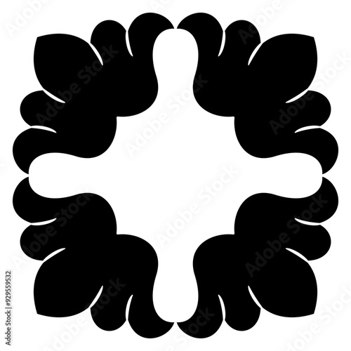 Square geometrical frame with stylized flowers. Abstract decorative element. Folk style. Black and white silhouette.
